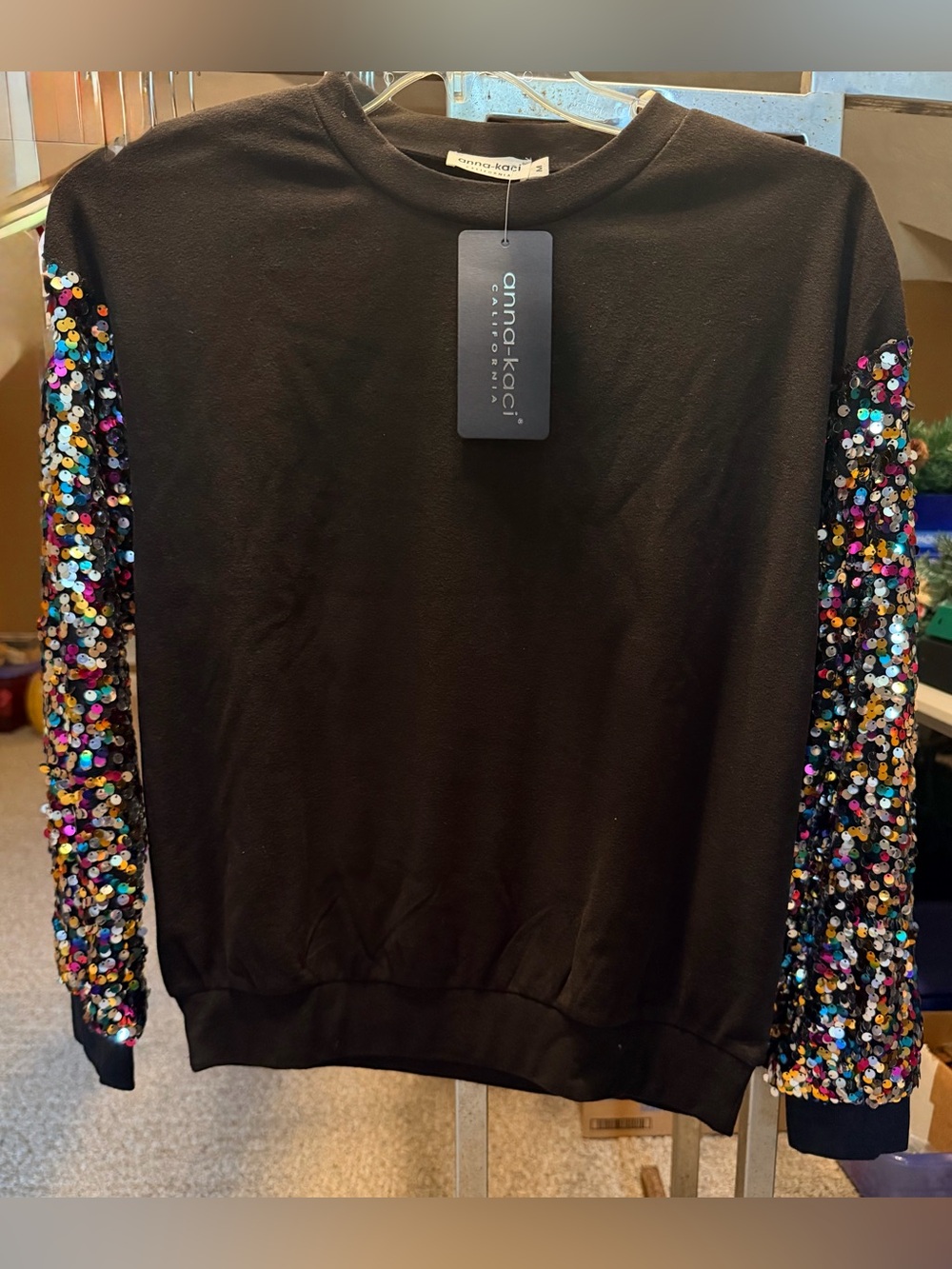 Anna-Kaci Black Sweatshirt with Multicolor Sequin Sleeves